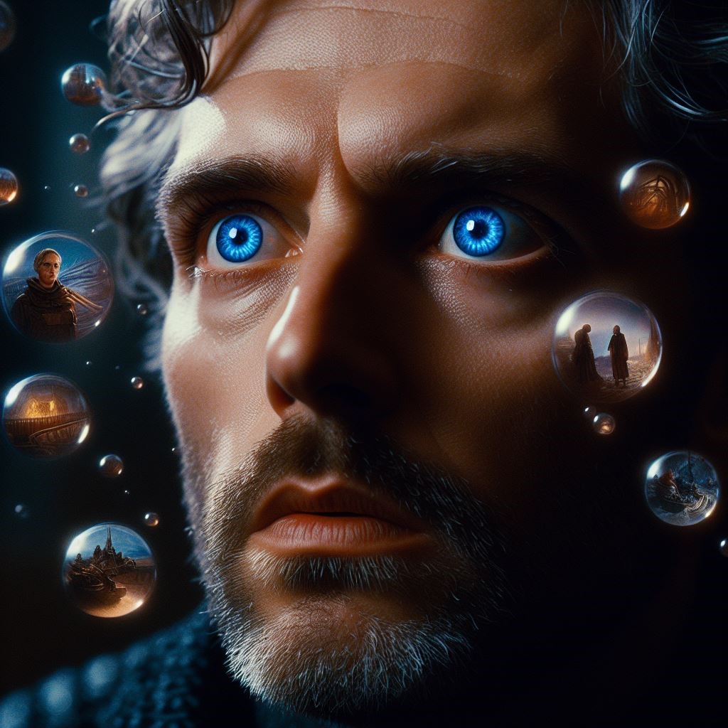 Image of Paul Atreides seeing possible futures and looking concerned.